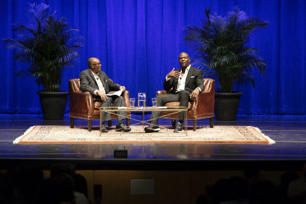 Interim Vice Provost WIlliam H. Robinson conducts Q&A with Chancellor's Lecturer Terry Crews following his talk (Joe Howell/Vanderbilt University)