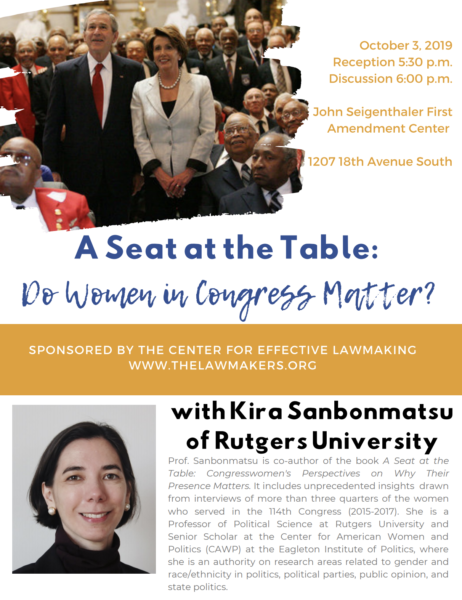 Event poster for "A Seat at the Table: Do Women in Congress Matter?" featuring Rutgers Professor Kira Sanbonmatsu