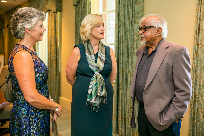 L-r: Peabody College Dean Camilla Benbow, Interim Chancellor and provost Susan R. Wente and Arun Gandhi. (Anne Rayner/Vanderbilt)