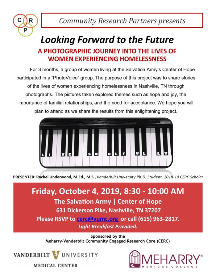 “Looking Forward to the Future: A Photographic Journey into the Lives of Women Experiencing Homelessness” flyer