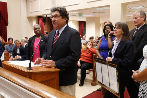 Chancellor Emeritus Nicholas S. Zeppos was honored by the Metro Council on Oct. 1 for his service to Vanderbilt and Nashville. (Wade Payne/Vanderbilt University)