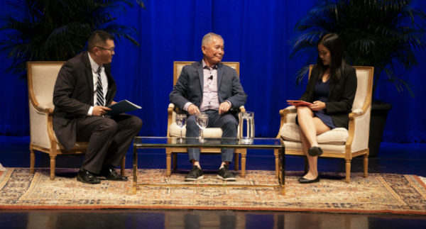 (L to r) E. Bronson Ingram Chair in Economics Kitt Carpenter, Chancellor's Lecturer George Takei and Alyson Win with the Asian American Student Association during the Q&A. (Joe Howell/Vanderbilt)
