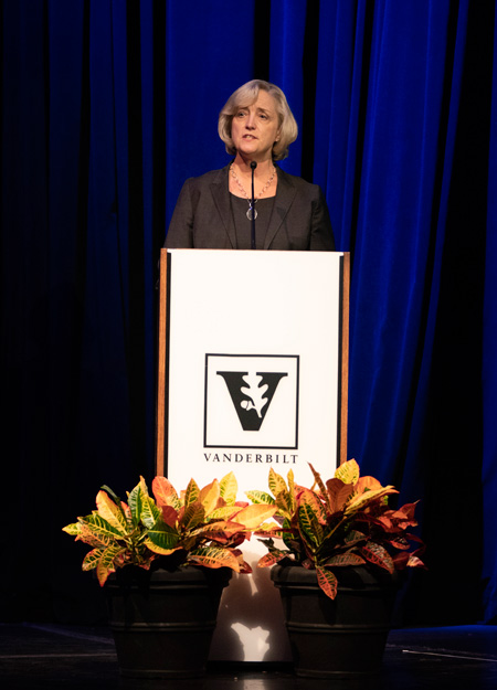 Interim Chancellor and Provost Susan R. Wente introduces Chancellor's Lecture Series speaker George Takei at Langford Auditorium Oct. 2. (Joe Howell/Vanderbilt)