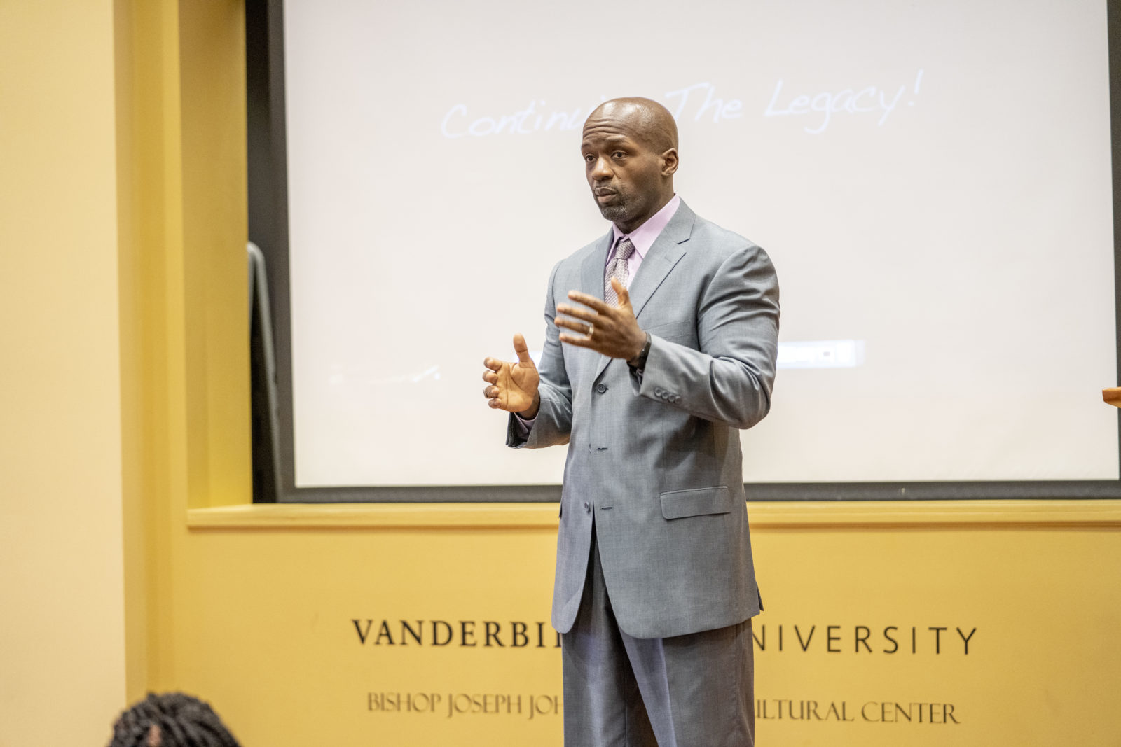 Assistant Dean of Residential Colleges and Director of the Black Cultural Center Rosevelt Noble speaking at the Legacy Pioneer Portrait Unveiling. (John Russell/Vanderbilt University)