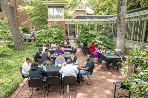 Staff and faculty enjoy fellowship and food during the Juneteenth Cookout at the Black Cultural Center. (John Russell/Vanderbilt University)