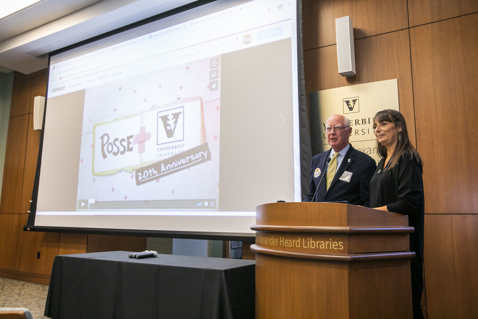 Deborah Bial, Posse’s president and founder, and Michael Ainslie, trustee emeritus at Vanderbilt University spoke at the Posse 30th anniversary event. (Anne Rayner/Vanderbilt)