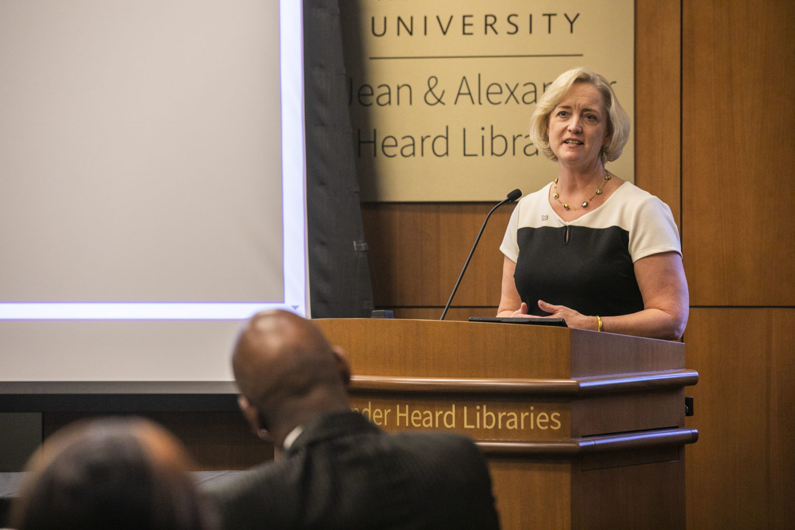 Interim Chancellor and Provost Susan R. Wente speaking at the POSSE 30th anniversary Celebration. (Anne Rayner/Vanderbilt)