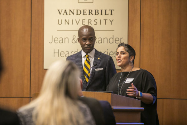 Shirley M. Collado, BS’94 and Kito Huggins, BS’96, JD’99, spoke at the Posse Scholars program 30th anniversary celebration (Anne Rayner/Vanderbilt)