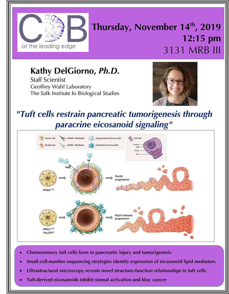 Kathy DelGiorno, a staff scientist at the Geoffrey Wahl Laboratory of the Salk Institute for Biological Studies, will discuss “Tuft Cells Restrain Pancreatic Tumorigenesis Through Paracrine Eicosanoid Signaling” on Thursday, Nov. 14, beginning at 12:15 p.m. in MRB III, Room 3131.