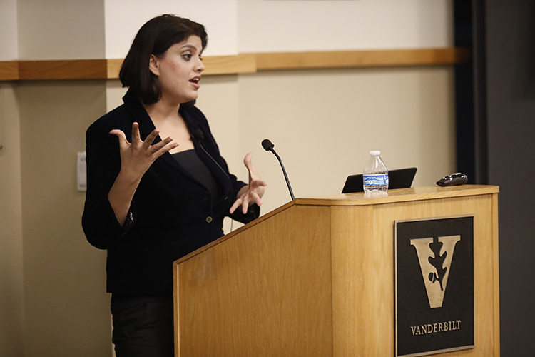 Patterson Fellow Supriya Vani delivered the annual Frank Armstrong Crawford Lecture on Oct.30. (photo by Wade Payne)