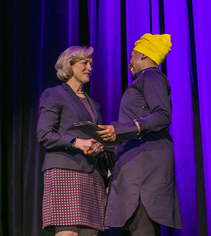 Interim Chancellor and Provost Susan R. Wente (left) welcomed Chimamanda Ngozi Adichie to the stage for her Chancellor's Lecture Series address on Nov. 21. (Anne Rayner/Vanderbilt)