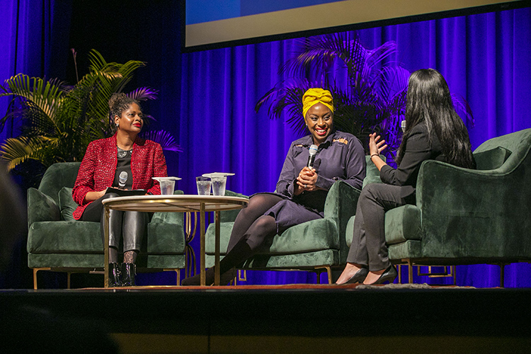 Following her presentation, Adichie (center) engaged in a question-and-answer session with faculty member Tracey Sharpley-Whiting (left) and graduate student Arelis Benítez. (Anne Rayner/Vanderbilt)