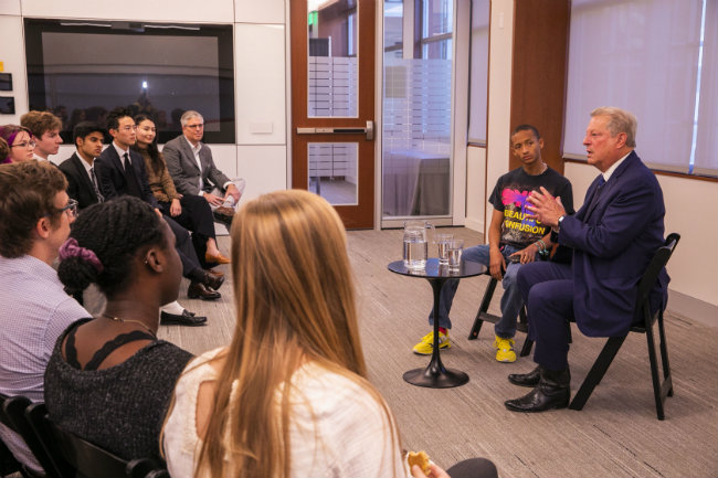 Former Vice President Al Gore and climate activist Jalen Smith (right) conduct at Q&A with Vanderbilt students prior to Gore's presentation at Langford Auditorium (Anne Rayner/Vanderbilt University)