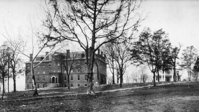 Centennial Hall, left, was Roger Williams University’s main building. To its right was Mansion House, which stood approximately where the Wyatt Center (formerly Social-Religious Building) now stands on the Peabody campus. Mysteriously, both buildings burned in 1905, leading to the school’s move and Peabody’s acquisition of the property. (Library of Congress)