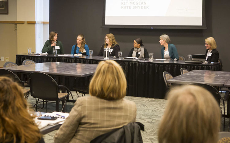 Panelists at the NASEM Action Collaborative satellite meeting on Nov. 19 included (l-r) Stella Child, Kate Snyder, Kit McGean, Taylor Carnes, Olivia Kew-Fickus and Tracey George. (Susan Urmy/Vanderbilt)