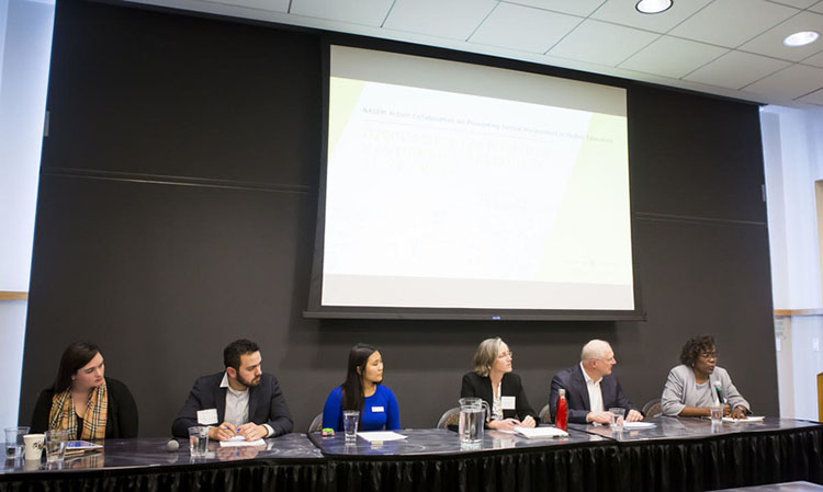 Panelists at the NASEM Action Collaborative satellite meeting on Nov. 19 included (l-r) Megan Grace, Nico Gardner-Serna, Jessica Lee, Elizabeth Zechmeister, David Lubinski and Rolanda Johnson. (Susan Urmy/Vanderbilt)