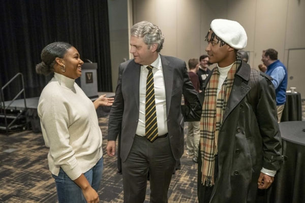 staff and community members gathered at the Student Life Center on Dec. 4 to greet Daniel Diermeier, who was named as Vanderbilt’s ninth chancellor earlier in the day. (John Russell/Vanderbilt)