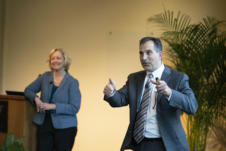 Vice Chancellor for Administration Eric Kopstain (right) and Interim Chancellor and Provost Susan R. Wente at the capital projects town hall on Nov. 12. (Joe Howell/Vanderbilt)