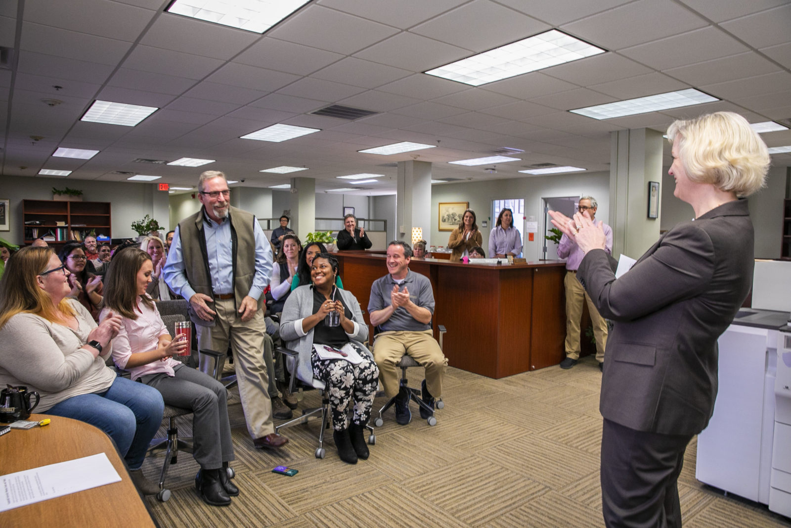 Interim Chancellor and Provost Susan R. Wente surprises Area Maintenance Supervisor Randy Clark with the Heart and Soul Staff Appreciation Award Presentation. (L to r) Area Maintenance Supervisor Randy Clark and Interim Chancellor and Provost Susan R. Wente (Anne Rayner/Vanderbilt)