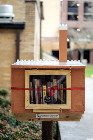 Vanderbilt photographer Joe Howell took this photo of a Little Free Library that is shaped like Kirkland Hall