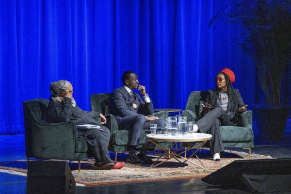 Janelle Monáe, a Grammy-nominated singer-songwriter, performer, producer and actor, and Yusef Salaam, one of the Exonerated Five, formerly known as the Central Park Five, spoke at Vanderbilt University on Jan. 19 as the featured panelists for the 2020 Martin Luther King Jr. Commemorative Series keynote event in Langford Auditorium. Divinity School Dean Emilie M. Townes, the E. Rhodes and Leona B. Carpenter Professor of Womanist Ethics and Society, moderated the discussion. ( John Russell/Vanderbilt)