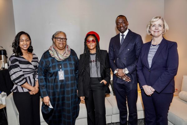 (L to r) Black Student Association President Mika Williams, Divinity School Dean Emilie M. Townes, Janelle Monáe, Yusef Salaam and Interim Chancellor and Provost Susan R. Wente. (John Russell/Vanderbilt)