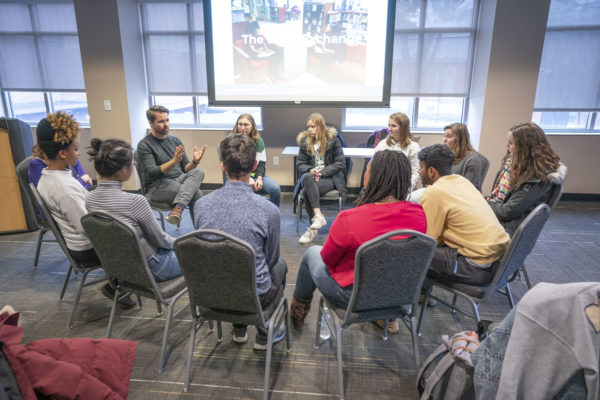 MLK Commemorative Series Teach-Ins in Sarratt with the Rev. Gretchen Person and Michael Mcray. Their teach-in was titled, "The Courage to Speak Your Story and the Openness to Receive the Stories of Others." (John Russell/Vanderbilt University)