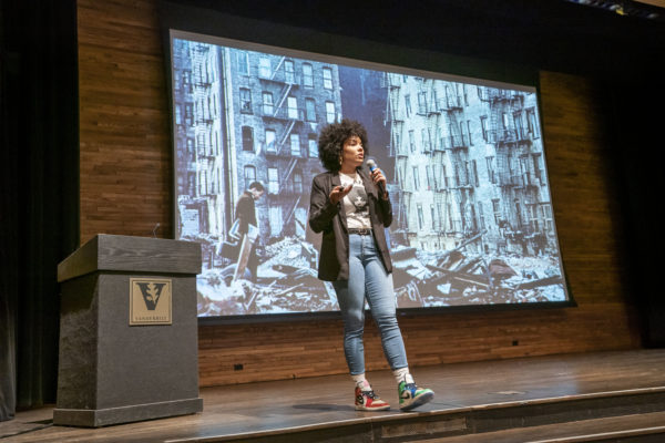 MLK Commemorative Series Teach-Ins at Sarratt Cinema with Amanda Wicks, doctoral student in Englsih. The teach-in was titled, "Beyond the Beat - Hip-Hop as Activism in a World That Doesn't Listen." (John Russell/Vanderbilt University)