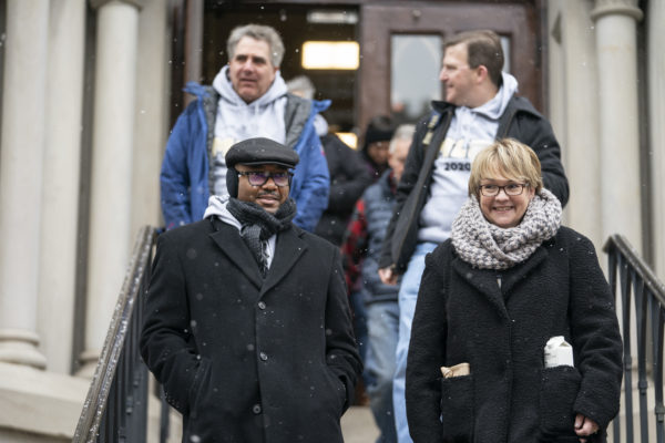 Several university leaders participated in the MLK Day march and convocation. (front row, L to r, Vice Provost for Strategic Initiatives William H. Robinson, Vice Provost for Academic Affairs and Dean of Residential Faculty Vanessa B. Beasley; back row, L to r, Ralph Owen Dean and Bruce D. Henderson Professor of Strategy M. Eric Johnson, University Chaplain and Director of Religious Life Christopher R. Donald (Vanderbilt University/Joe Howell)