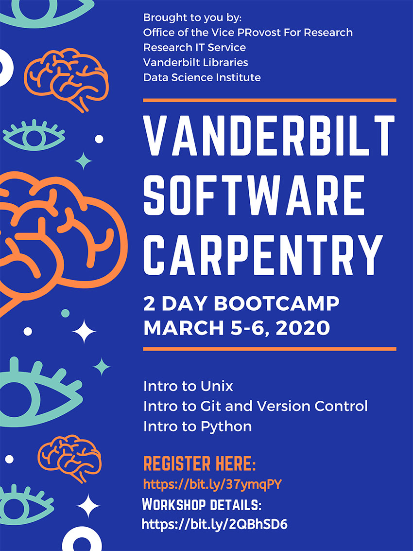 The Vanderbilt Software Carpentry two-day boot camp is scheduled for March 5–6.
