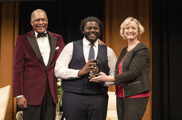 L-r: Interim Vice Chancellor for Equity, Diversity and Inclusion Dr. André Churchwell, Diversity Leadership Award winner Harold Brown and Interim Chancellor and Provost Susan R. Wente (Joe Howell/Vanderbilt)