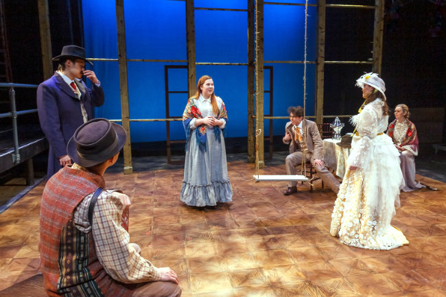 (Left to right) Jesse Feng (Astrov), Richard Zhang (Telegin), Natalie Stigall (Sonia), Jared Schmidt (Vanya), Kacy Jones (Velena) and Chloe Hodge (Maria Vasilyevna) (photo by Phillip Franck) 