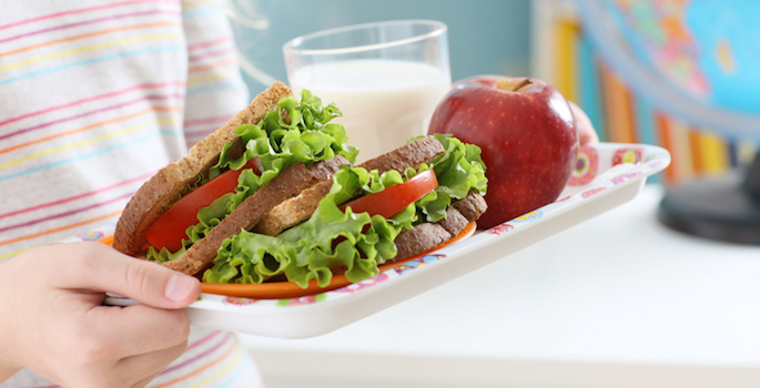 Close-up of child's lunch tray containing a sandwich made from whole wheat bread and lots of veggies, plus an apple and a cup of milk