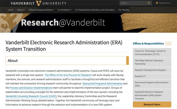 The Office of the Vice Provost for Research has launched a new Vanderbilt ERA system transition website.