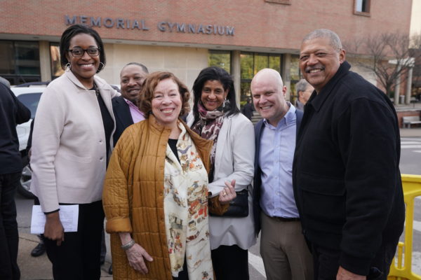 Candice Storey Lee, Gail Williams and Andrew Maraniss with family members of Perry Wallace at the Perry Wallace Way dedication ceremony. (John Russell/Vanderbilt)