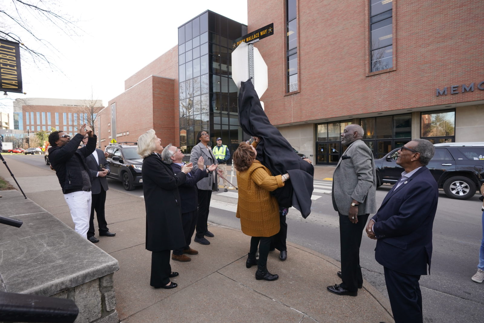 Unveiling the Perry Wallace Way sign on Saturday, February 22. (John Russell/Vanderbilt)