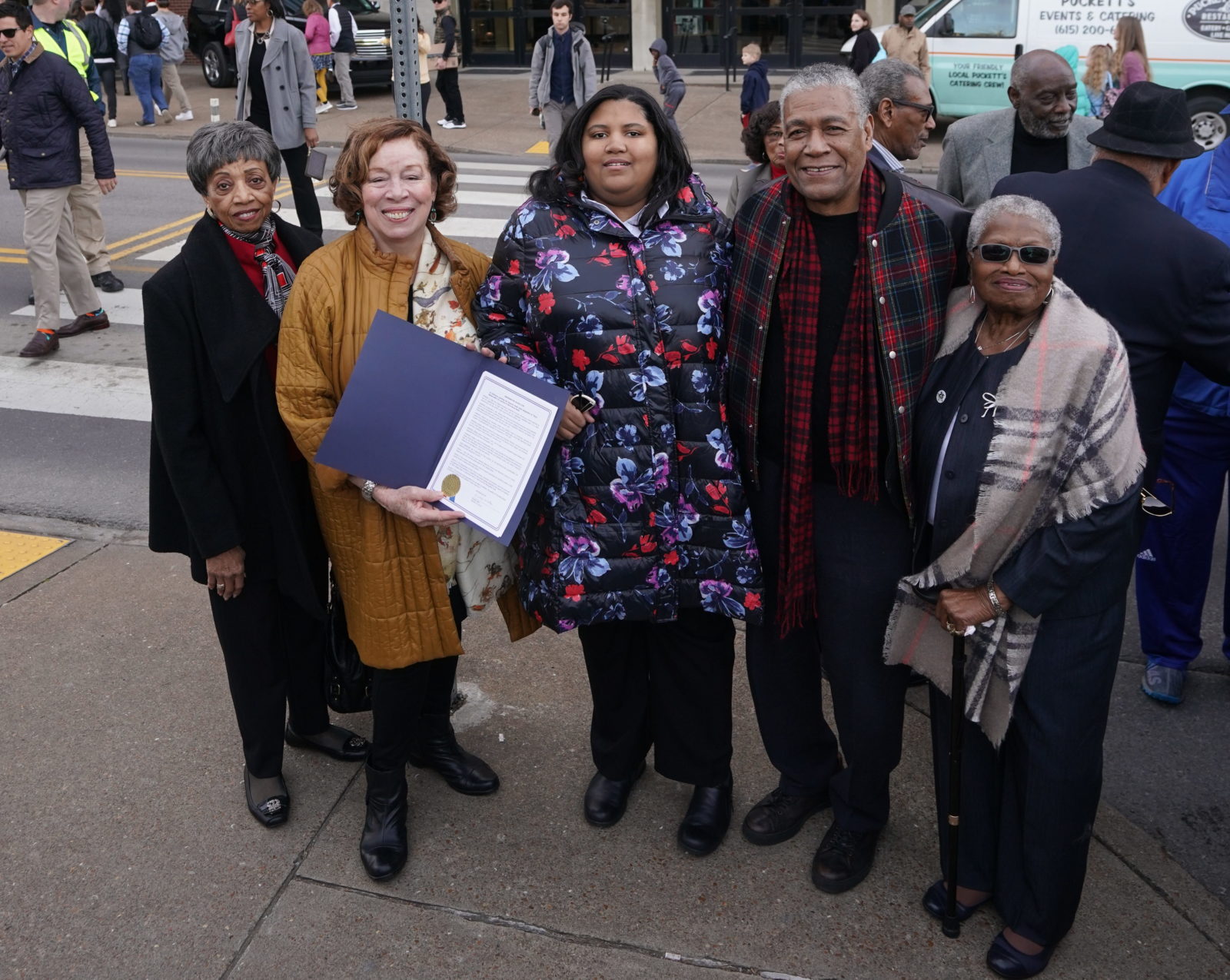 Perry Wallace Way dedication ceremony (l to r) Jessie Wallace Jackson, Karen Wallace, Gabby Wallace, Godfrey and Bessie Wallace Garrett. (John Russell/Vanderbilt)