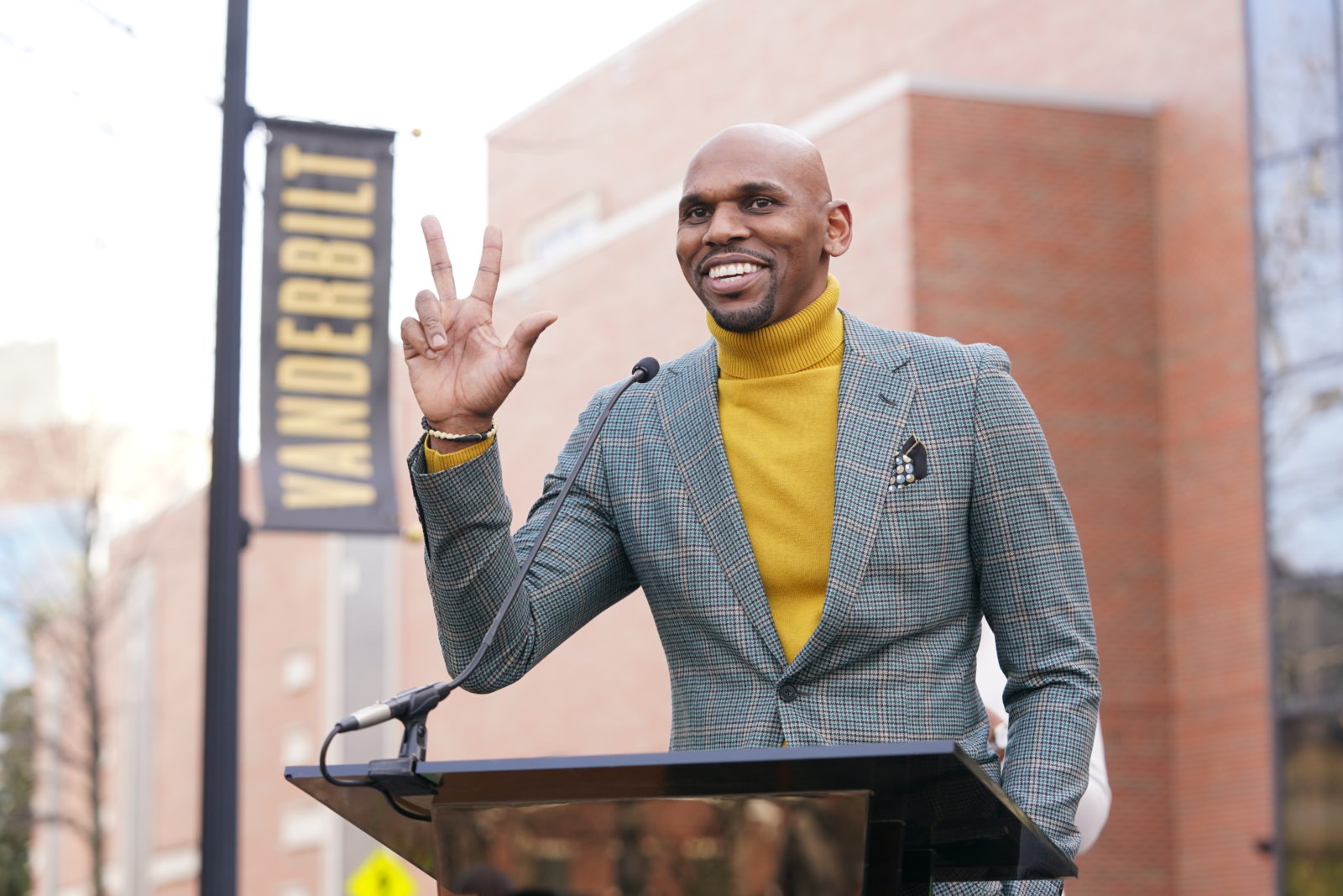 Vanderbilt Men's Basketball Coach Jerry Stackhouse speaking at the dedication ceremony for Perry Wallace Way. (John Russell/Vanderbilt)