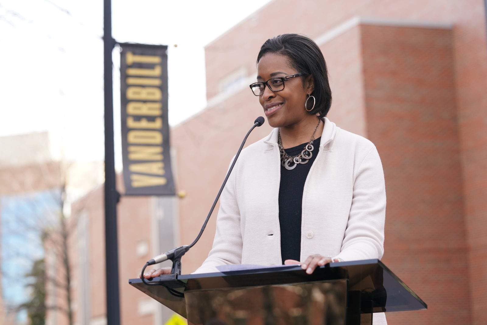 Interim Vice Chancellor for Athletics and University Affairs and Interim Athletic Director Candice Lee speaking at the dedication ceremony on Saturday, February 22. (John Russell/Vanderbilt)