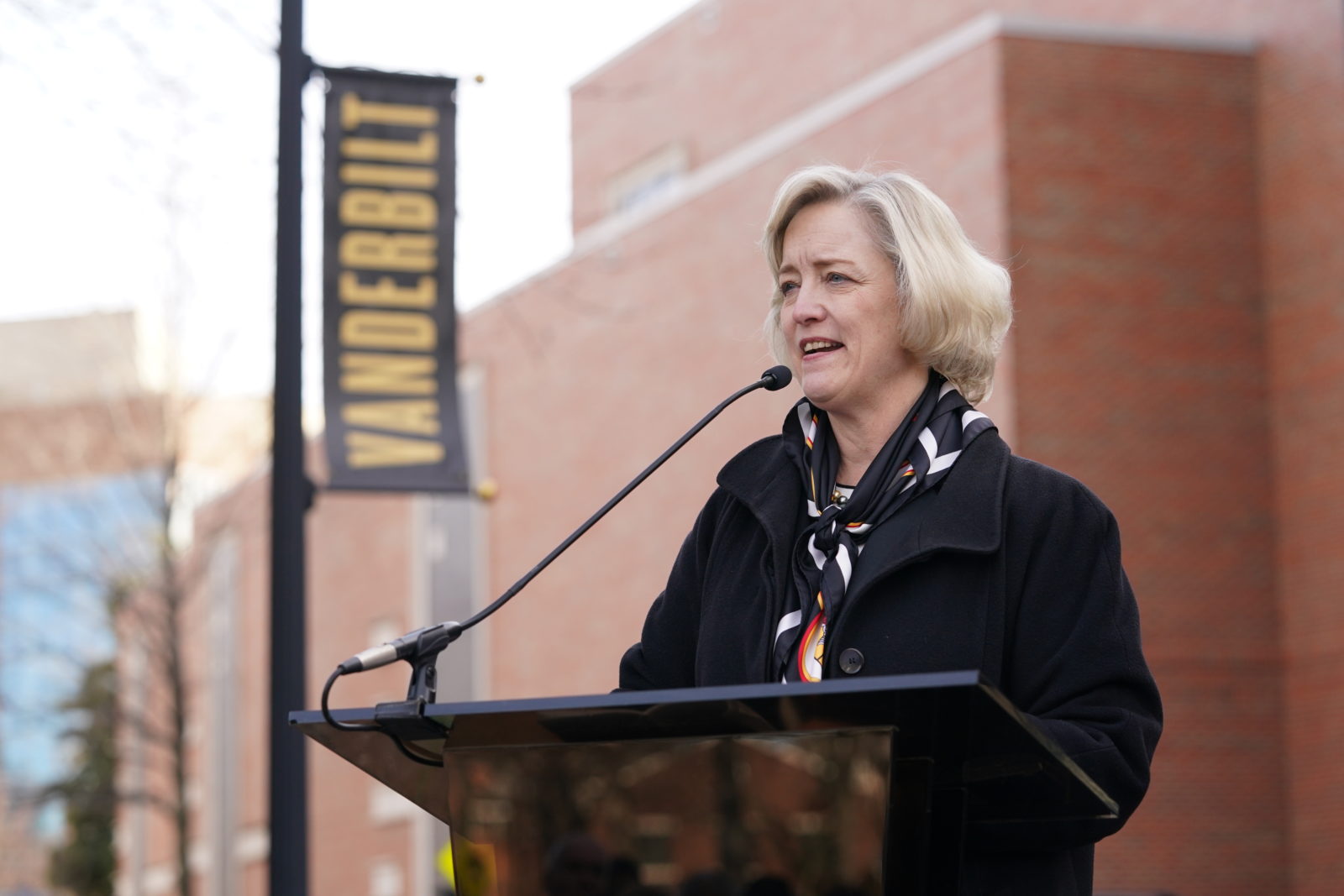 Interim Chancellor and Provost Susan R. Wente speaking at the Perry Wallace Way dedication ceremony on Saturday, February 22. (John Russell/Vanderbilt)