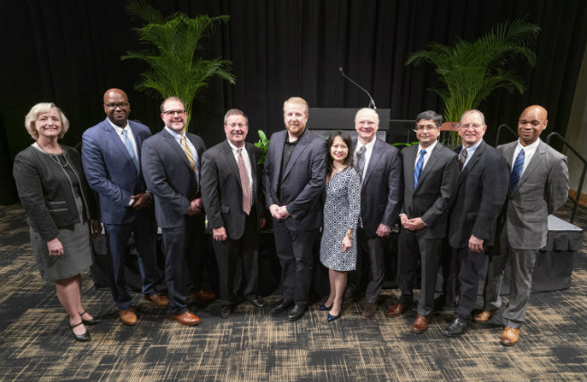 (L to r) Interim Chancellor and Provost Susan R. Wente, Bunmi O. Olatunji, Craig L. Duvall, Rick W. Wright, Seth R. Bordenstein, Cathy Eng, David Lubinski, Nilanjan Sarkar, Mark R. Denison and Duane Watson (photo by Joe Howell/Vanderbilt University)