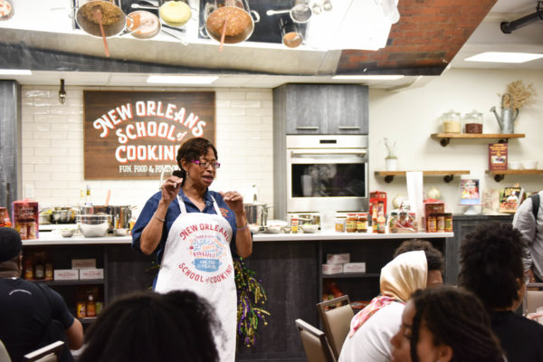 At the New Orleans School of Cooking, students on the Black History Immersion Excursion received a demonstration and history lesson on Creole cooking. "This was the best meal of the excursion," said Noble. (Rosevelt Noble/Vanderbilt)