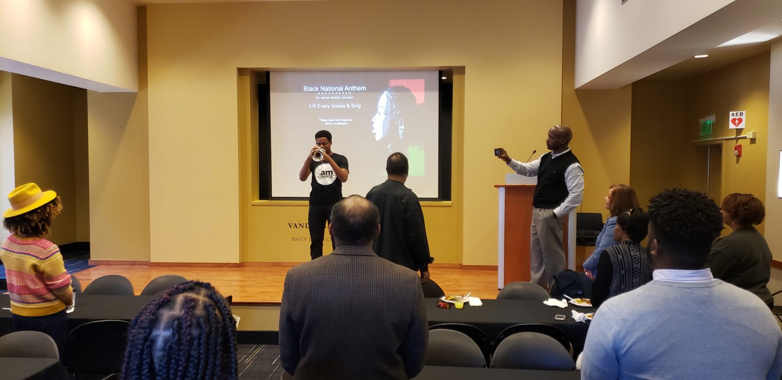 Black History Month Closeout Luncheon. Vanderbilt student Jeffrey Huddleston played "Lift Every Voice and Sing" on the trumpet at the beginning of the program. (Jalen Blue/Vanderbilt)