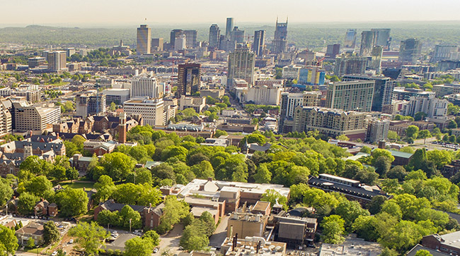 Aerial drone images of Vanderbilt main campus and Downtown Nashville. (John Russell/Vanderbilt University)
