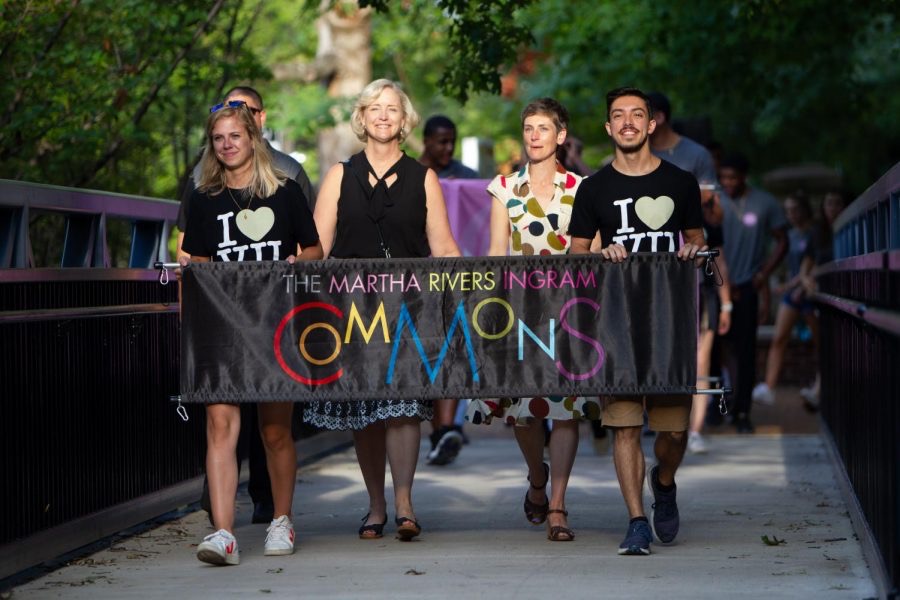 Interim Chancellor and Provost Susan R. Wente (second from left) leads the Founders Walk processional in August 2019. (Vanderbilt University)