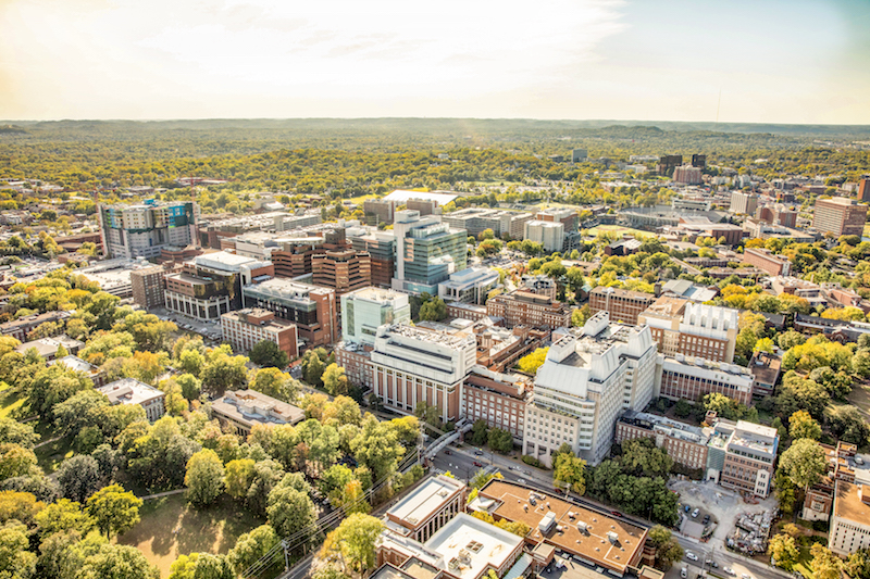 Aerial photograph of the Vanderbilt University Medical Center and Vanderbilt University campuses. (Vanderbilt University)