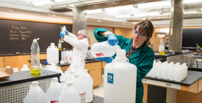 The Vanderbilt chemistry department made hand sanitizer from supplies the department had in storage, in an effort to help the greater community. (Joe Howell / Vanderbilt University)