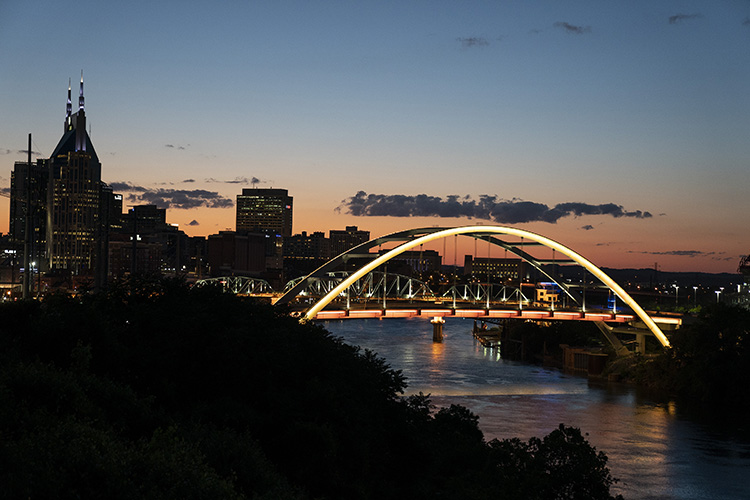 Nashville's Korean War Veterans Memorial Bridge was illuminated in Vanderbilt University colors on May 8 in honor of the graduating Class of 2020. (Joe Howell/Vanderbilt)
