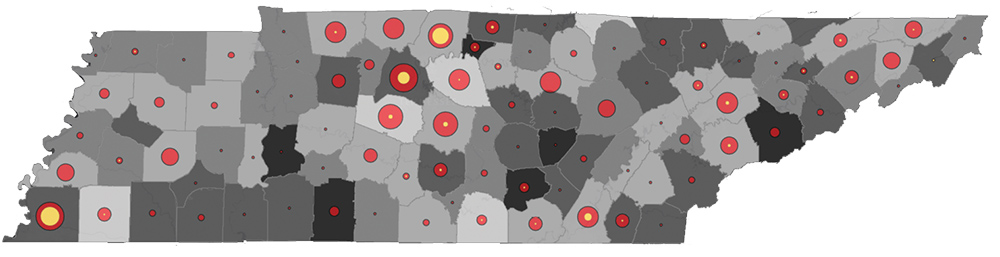 map showing COVID-19 hotspots across Tennessee