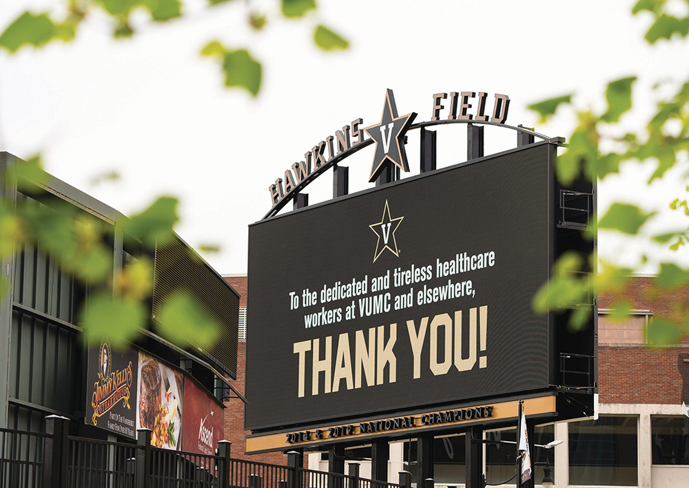 photo of video board with a thank-you message for health care workers